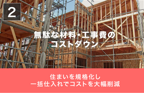 無駄な材料・工事費のコストダウン。住まいを規格化し一括仕入れでコストを大幅削減